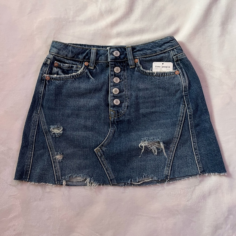 Free People Harvey Denim Skirt Distressed Button up 25 NWT